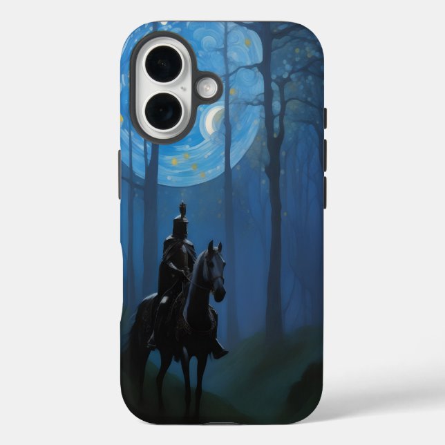 Mysteriöser Schwarzer Ritter im Mondlichtwald iPhone 16 Hülle (Rückseite)