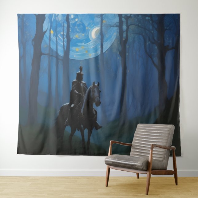Mysteriöser Schwarzer Ritter im Mondlichtwald Wandteppich (Beispiel (Horizontal))