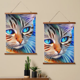 Mysteriöser Surrealismus der Katze Wandteppich Mit Holzrahmen