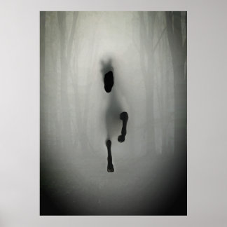 Mysterious Black Horse Running in Misty Fog Forest Poster