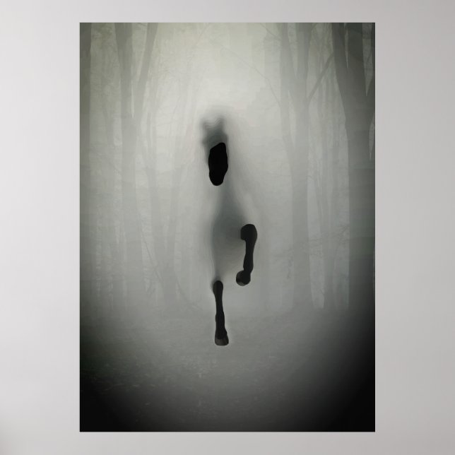 Mysterious Black Horse Running in Misty Fog Forest Poster (Vorne)