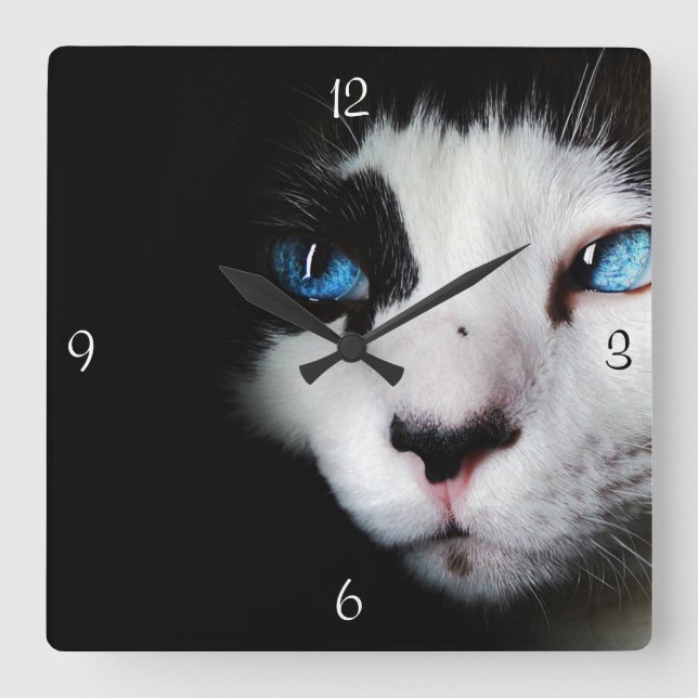 Mysterious Blue Eyed Tuxedo Cat Clock Quadratische Wanduhr (Vorderseite)