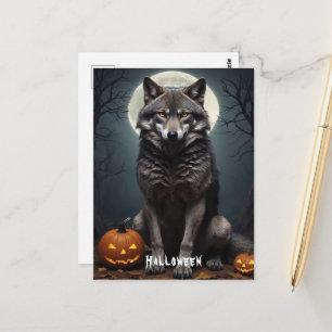 Mysteriouscher Wolf mit Kürbis Halloween Kunst Postkarte