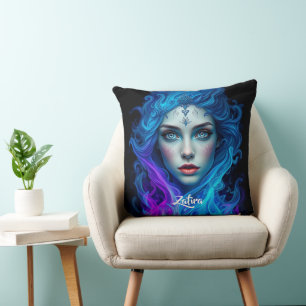 Mysterium Frau, die aus blauen und violetten Flamm Kissen