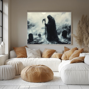 Mysterium Sensenmann in einem nebligen Friedhof Poster