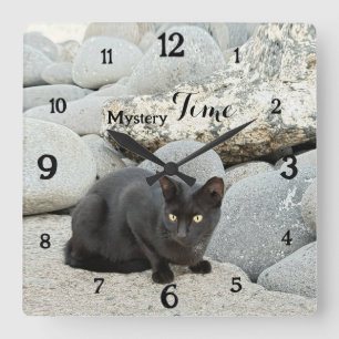 Mystery Time – Schwarze Katzenwanduhr Quadratische Wanduhr