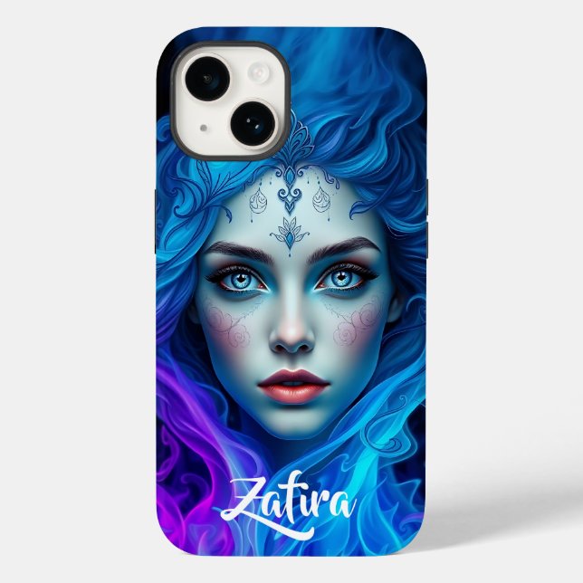 Mystery Woman Emerging from Blue & Purple Flames Case-Mate iPhone 14 Hülle (Rückseite)