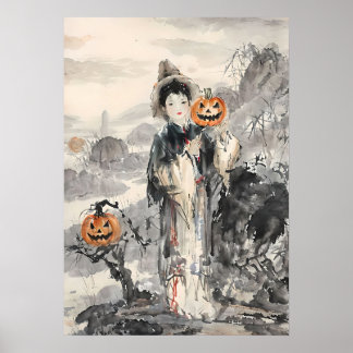 Mystic Asian Halloween - Watercolor Art Poster