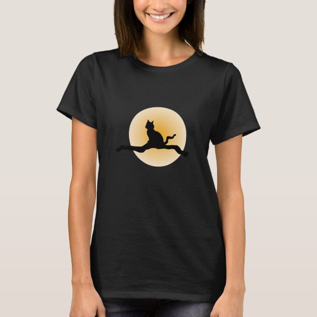 Mystic Black Cat Under Full Moon - Halloween Des T-Shirt (Vorderseite)