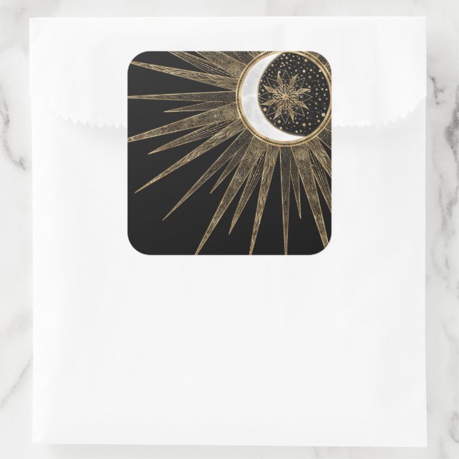 Mystic Black Gold Sun Moon Mandala Quadratischer Aufkleber (Tasche)