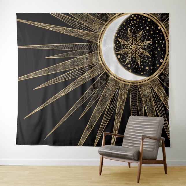 Mystic Black Gold Sun Moon Mandala Wandteppich (Beispiel (Horizontal))