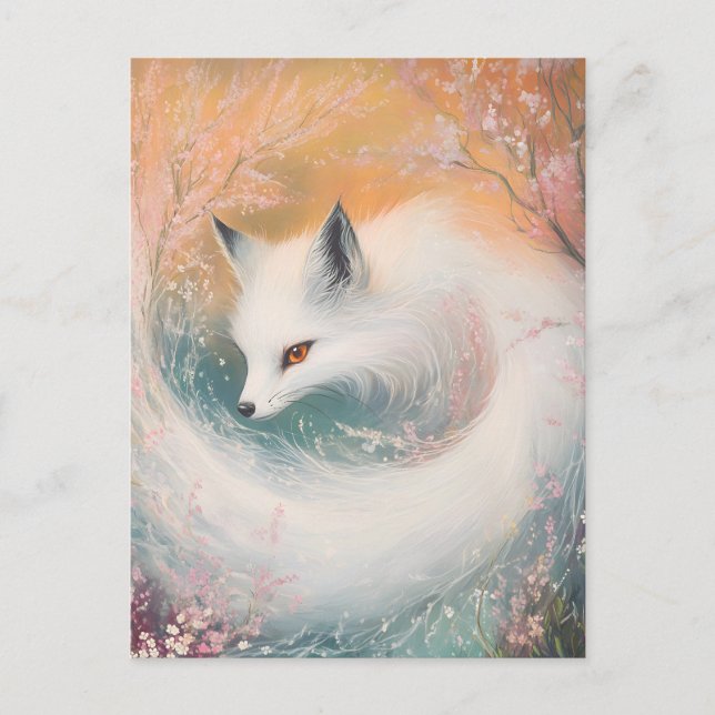 Mystic Bloom Spring Fox Watercolor Ankündigungspostkarte (Vorderseite)