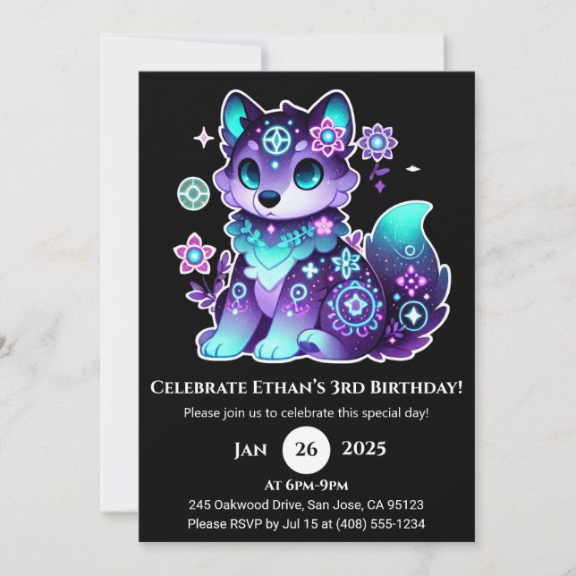 Mystic Blume Wolf Birthday Einladung (Vorderseite)