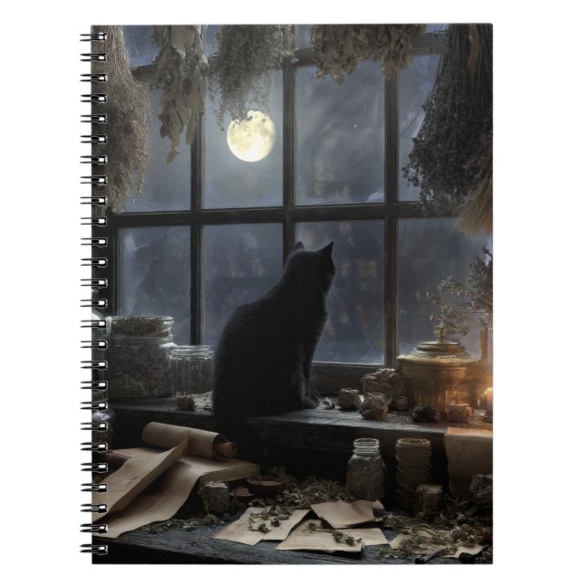 Mystic Cat Moonlit Window Notebook Notizblock (Vorderseite)