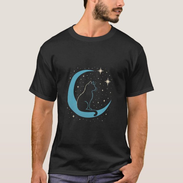 Mystic Cat on Blue Moon Night Sky T-Shirt (Vorderseite)