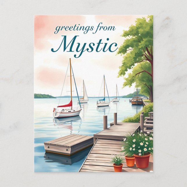 Mystic, Connecticut – Waterfront & Sailboats Postkarte (Vorderseite)