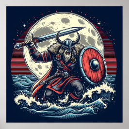 Mystic Crimson Red & White Warrior Moonlit Viking Poster