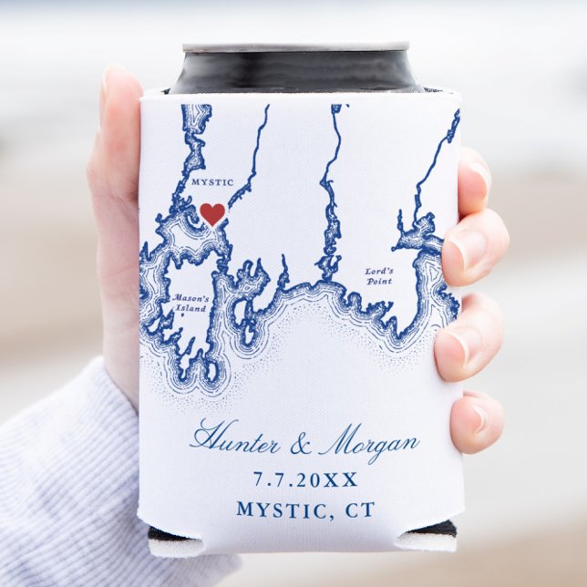 Mystic CT Map Elegant Navy Blue Gastgeschenk Hochz Dosenkühler (Mystic CT Map Wedding Coozie Can Cooler Favor in Navy Blue by Coastal Map Designs)