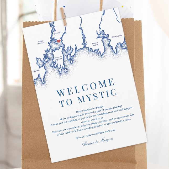 Mystic CT Map Wedding Welcome Itinerary Navy Blue Dankeskarte (Mystic CT Map Wedding Welcome letter and weekend events itinerary for an elegant navy blue wedding)
