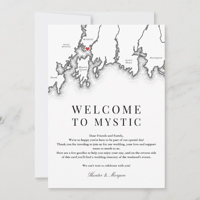 Mystic CT Map Wedding Welcome Letter Schwarz-weiß Dankeskarte (Vorderseite)
