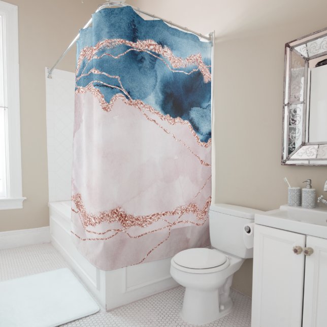 Mystic Elegance | Aquamarines Blau und Rose Gold A Duschvorhang (Beispiel)