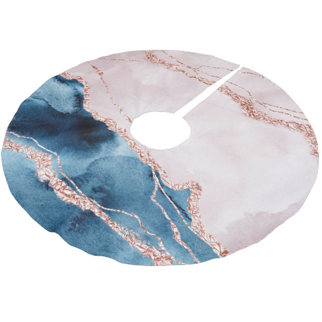 Mystic Elegance | Aquamarines Blau und Rose Gold A Polyester Weihnachtsbaumdecke (Schrägansicht)