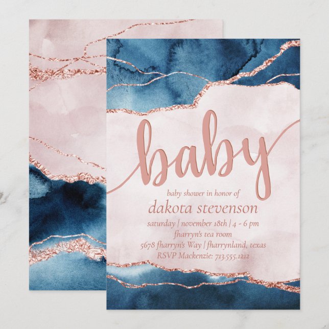 Mystic Elegance | Blue Pink Agate Baby Dusche Einladung (Vorne/Hinten)