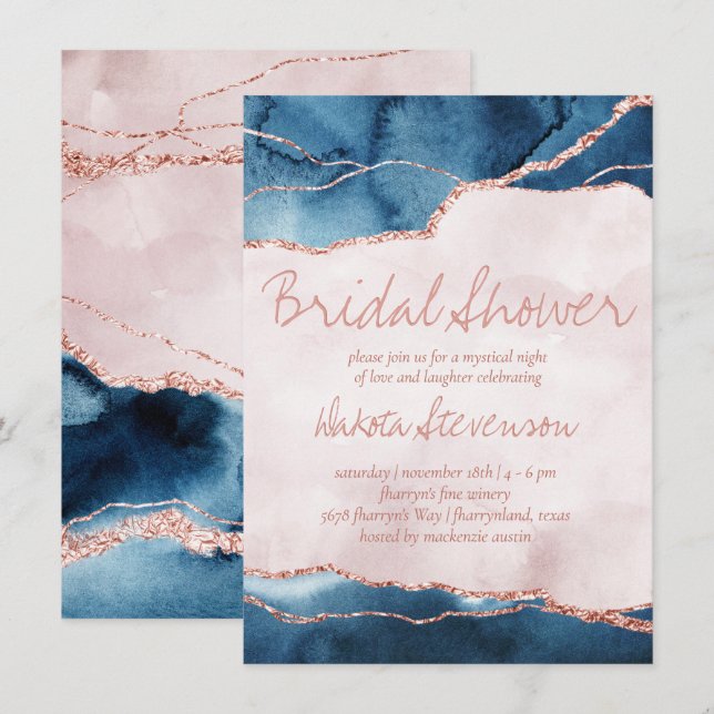 Mystic Elegance | Blue Pink Agate Brautparty Einladung (Vorne/Hinten)