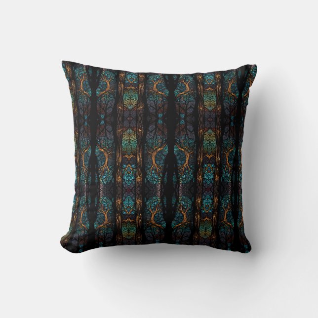 Mystic Forest Mosaic Blau & Schwarz Muster Kissen (Vorderseite)
