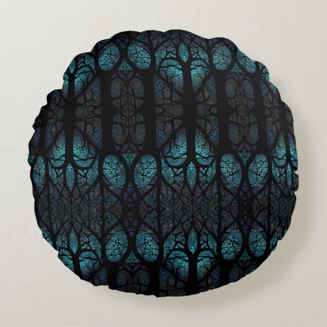 Mystic Forest Mosaic Blue & Black Muster Rundes Kissen (Vorderseite)