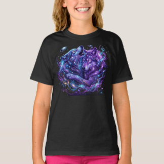 Mystic Galaxy Kids T-Shirt Blau Cosmic Wolf Art