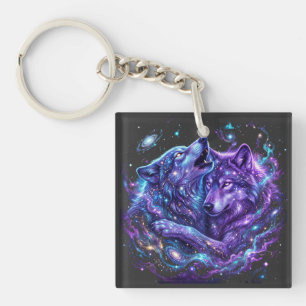 Mystic Galaxy Wolf Hoodie – Blaues Cosmic Wolf Art Schlüsselanhänger