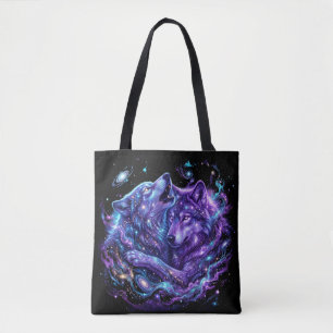 Mystic Galaxy Wolf Hoodie – Blaues Cosmic Wolf Art Tasche