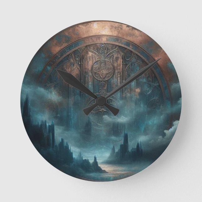 Mystic Gothic Steampunk Art - Blue Copper Patina  Runde Wanduhr (Vorderseite)