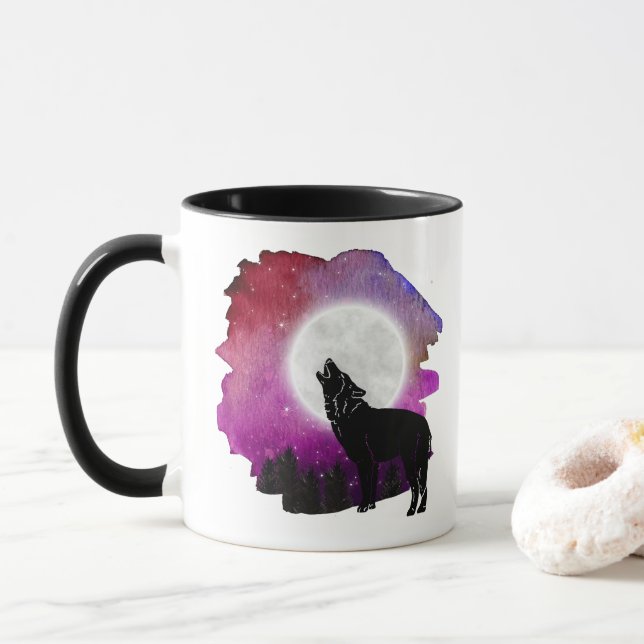 Mystic Howling Wolf Silhouette Tasse (Mit Donut)