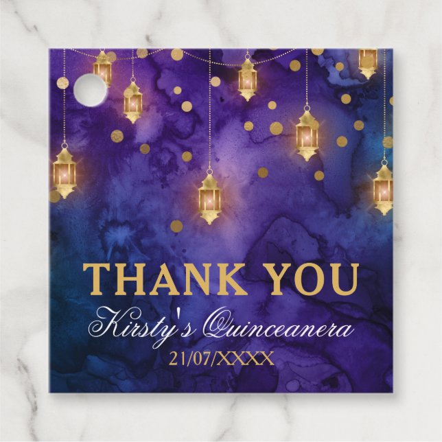 Mystic Lila Blue Lanterns Bokeh Quinceanera Geschenkanhänger (Vorderseite)