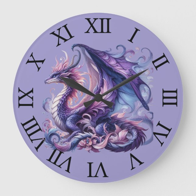Mystic Lila Dragon Wall Clock Große Wanduhr (Vorderseite)
