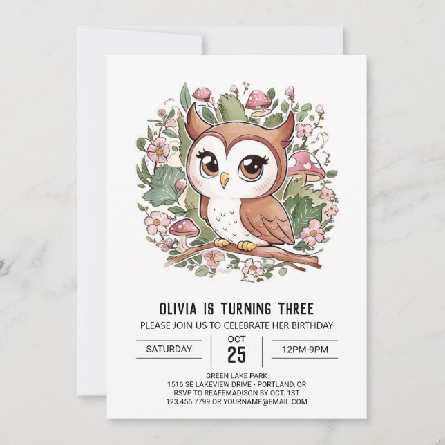 Mystic Lovely Digital Owl Birthday Einladung (Vorderseite)