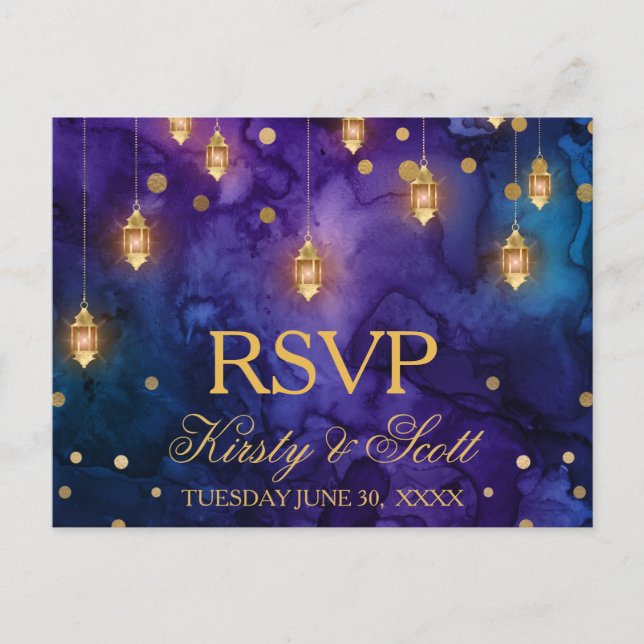 Mystic Marrakesh Night Lanterns Wedding RSVP Postkarte (Vorderseite)