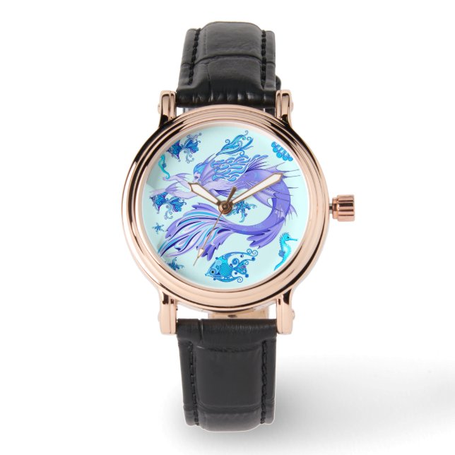 Mystic Mermaid Fairy Lila Creature Keramik Tile Armbanduhr (Vorderseite)