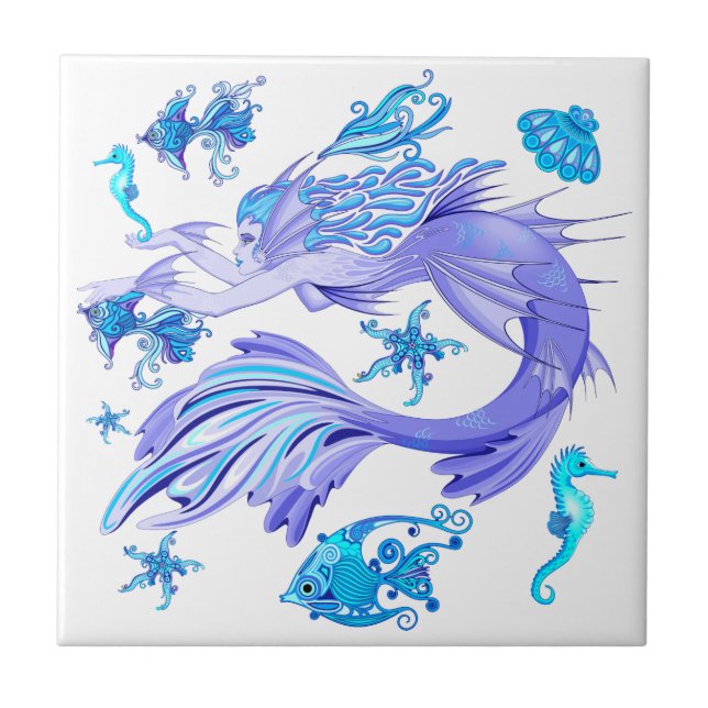 Mystic Mermaid Fairy Lila Creature Keramik Tile Fliese (Vorderseite)