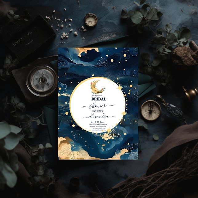 Mystic Midnight Blue und Gold Watercolor Bridal Einladung (Von Creator hochgeladen)