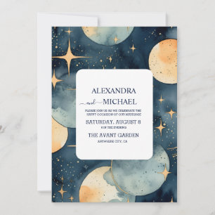 Mystic Midnight Blue und Gold Watercolor Wedding Einladung