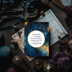 Mystic Midnight Blue und Gold Watercolor Wedding Einladung