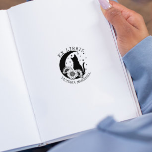 Mystic Moon Cat mit Sonnenblumen, Ex Libris Buch Gummistempel