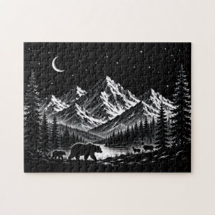 Mystic Mountain Wilderness Nacht im Linocut-Stil