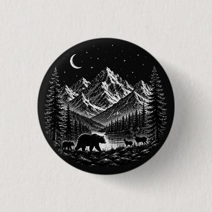 Mystic Mountain Wilderness Nacht im Linocut-Stil Button