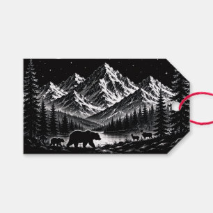 Mystic Mountain Wilderness Nacht im Linocut-Stil Geschenkanhänger