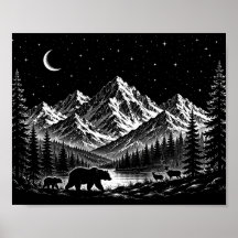 Mystic Mountain Wilderness Nacht im Linocut-Stil