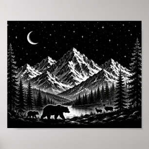 Mystic Mountain Wilderness Nacht im Linocut-Stil Poster